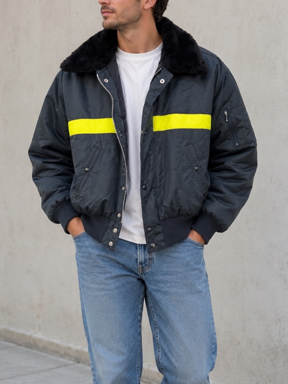 Vintage 80s Golden Bay Canada Black Flight Bomber Jacket Faux Fur Collar Men's M